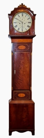 Early 19th C Scottish Tall Clock, Wallace Allan: Early 19th C. Scottish Tall Clock, Signed "Wallace Allan, Ayre". Eight day time and strike movement with hour, minute, seconds and day. Roman Numeral radial dial, mahogany case with inlaid