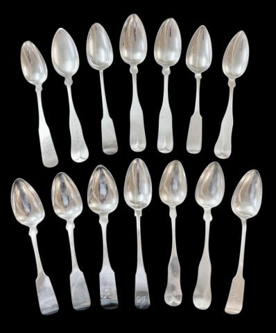 19th C American Coin Silver Serving Spoons (14pc): Collection of Large 19th C. American Coin Silver Serving Spoons. Mixed makers and styles. Good condition, some with monograms, total weight: 20.13 ozt, 626.1 g.