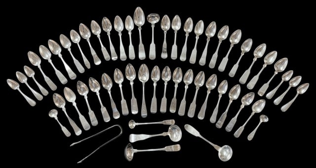 19th C American Coin Silver Spoons, (54pc): Collection of Fifty-four 19th C. American Coin Silver Spoons. Diverse sizes and styles with mixed makers. Good condition, some bearing monograms, total weight: 29.37 ozt, 913.4 g.
