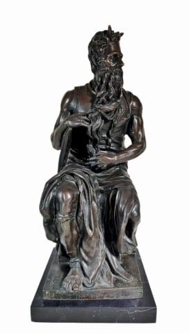 Cast Bronze Sculpture, Moses, Michelangelo: Antique Cast Bronze Statue of Moses, Signed, "Michelangelo". Neoclassical seated figure of Moses grasping the ten commandments. Figure on marble base. Good condition, measures: 17.5" H x 7" W.