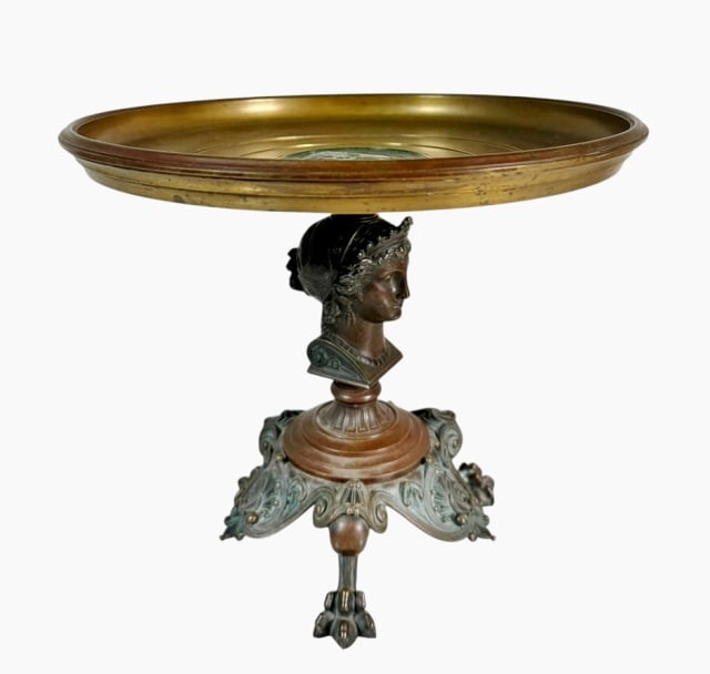 19th C French Second Empire Neoclassical Tazza: 19th C. French Neoclassical Second Empire Tazza. Bronze and mixed metals, tripod base with classical goddess head. Bowl form top with center bronze medallion in high relief. Good condition,
