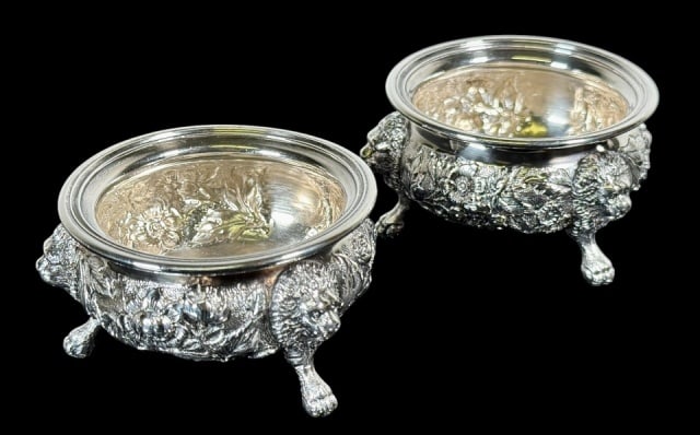 Pair, Sterling Silver Open Salts, Bigelow Kennard: Pair Antique Sterling Silver Open Salts, Signed "Bigelow Kennard Co Makers". Bowl form on tripod paw feet with lion head bosses and profuse floral and foliate repousse decoration. Good