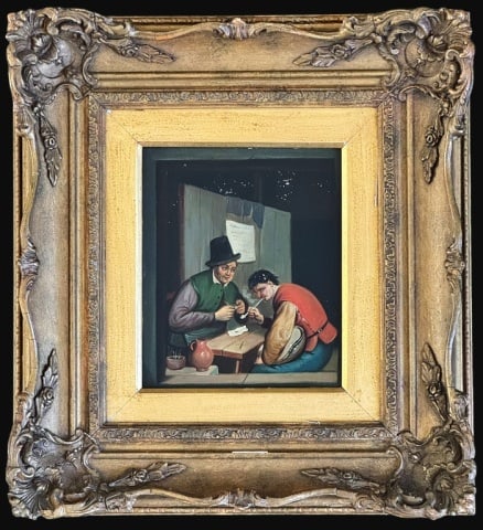 Continental Oil on Tin Genre Painting: Antique Continental Genre Painting Oil on Tin. Painting of two figures in 17th C. costume smoking pipes. Good condition with scattered small losses in background, painting set in carved gilt