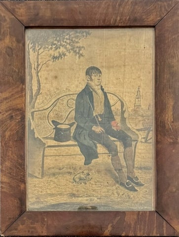 19th C. Watercolor Painting of a Gentleman, Dog: Circa 1830 Watercolor on Paper Painting of a seated Gentleman. Sitter holding a switch with a small dog at his feet. Good condition with age tone, set in period wooden frame under glass,