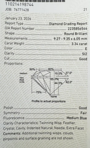 GIA Certified Diamond, 3.34 cts, SI2, E Color - 3