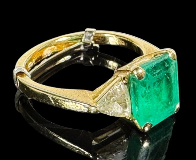 Two 14K Gold Diamond, Emerald Rings (2pc): Two 14K Gold Diamond and Emerald Rings: (1) Ring crafted of 14K yellow gold, set with prong set central round cut emerald, flanked by thirty small round cut diamonds divided into four sections, (1) 14