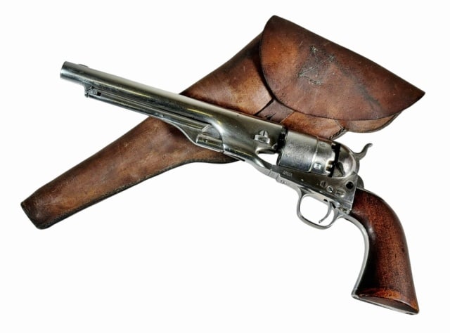 1861 Civil War Colt M1860 Army Revolver, Holster: 1861 Manufactured Civil War Colt Model 1860 Army Revolver in .44 Caliber with Period Holster. Percussion, single action revolver with nickeled steel frame with stepped cylinder engraved with naval sce
