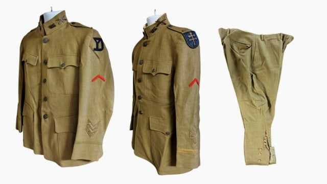 WW1 US Army Uniforms, Yankee Division, 79th (3pc): Two US Model1912 World War One Uniforms with Yankee Division and 79th Division Insignia. Wool construction with stand up collar and five button front closure with four external font pockets: (1) Tunic