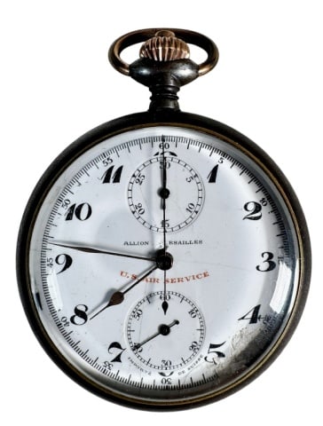 WW1 US Army Air Service Watch, Allion Versailles: World War One US Army Air Service Pocket Watch, Signed "Allion A' Versailles" and "U.S. Air Service". Swiss movement in steel open top wind case. Porcelain face with Arabic Numeral radial dial with st