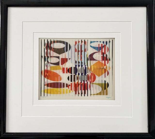 Modernist Artwork, Yaacov Agam: Modernist Abstract Artwork, Signed "Agam", (Yaacov Agam, Israel, b - 1928). Three dimensional polychrome geometric artwork matted and frame. Good condition, no glass, measures: 26.5" H x 28.5" W, imag