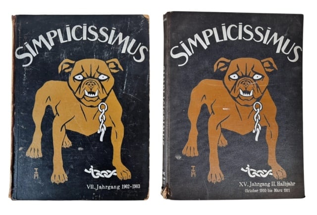 Books, Simplicissimus, 1903, 1911 (2pc): Two Early 20th C. German Books: (1) "Simplicissimus VII: Jahrgang April1902-Marz1903 (Munich: Verlag von Albert Langen, 1903), Folio, hardcover, 416pp; (1) "Simplicissimus XV: Jahrgang II.Halbjahr.Okt