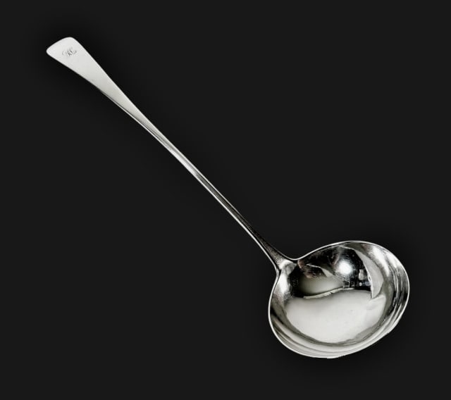 18th C Scottish Sterling Silver Ladle, Edinburgh: 18th C. Scottish George III Sterling Silver Ladle. Ladle bears hallmarks for Edinburgh and maker mark "AH", (Alexander Henderson). Good condition with period monogram, measures" 14" L, 5.78 ozt