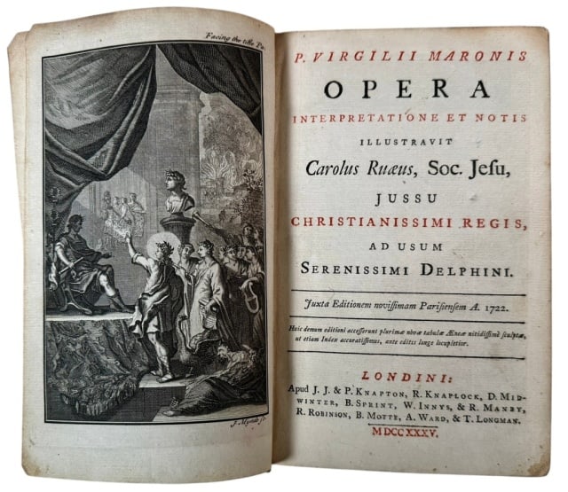 Book, "P. Virgilii Maronis Opera", London 1735: 18th C. Book, "P. Virgilii Maronis Opera, Interpretatione Et Notis" Illustravit Carolus Ruaeus [Charles de la Rue], Soc. Jesu, Jussu Christianissimi Regis, Ad Usum Serenissimi Delphini (London: J.J. &