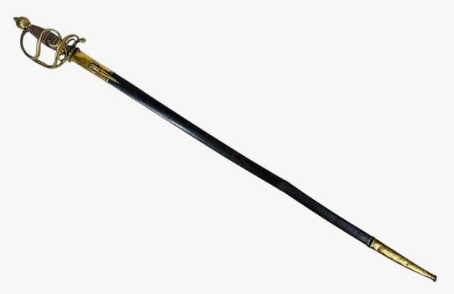 18th C Continental Small Sword: 18th C. Continental Small Sword. Straight single fullered tapered steel blade, chased brass reticulated scroll form guard with decorated ball pommel and copper grip. Sword with leather scabbard with b