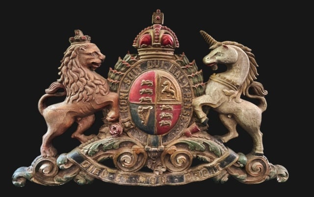 Large Antique British Royal Coat of Arms: Large Late 19th C. British Victorian Royal Arms. Chalkware construction (Pressed Plaster) of Queen Victoria's Royal coat of arms. Crafted in deep relief with central shield flanked by lion and unicorn