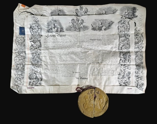 1866 Dated English Royal Letters Patent, With Seal: Folio two page vellum parchment document issuing Royal Letters Patent for 14 years "to Charles Henry Murray of Loman Street in the Borough of Southwark [London] Machinist," for the invention of "Impro