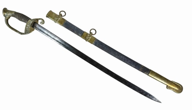 Civil U.S. Navy Officer Sword, H. Horstmann & Sons: Civil War U.S. Navy Officer Sword, Signed "H. Horstmann & Sons, Philadelphia". Triple etched single fullered steel blade with Naval and Patriotic decoration. Cast reticulated brass gaurd with foliate 