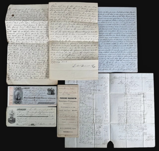 19th C US Maritime Document Collection (8pc): Collection of Eight U.S. Maritime Documents: (1) Partly printed folio insurance document issued by the "Providence Washington Insurance Company" of Providence, Rhode Island to "J.P. Gavitt and others"