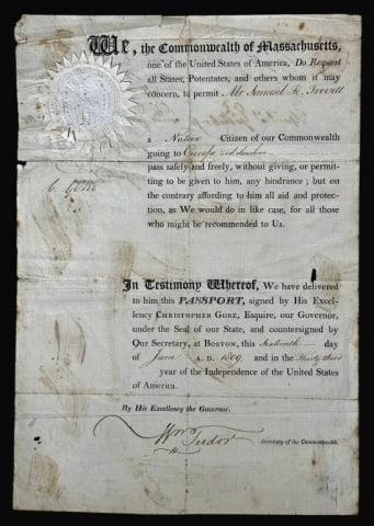 War of 1812 Sailor Passport, Signed MA Gov (2pc) (1 of 6)