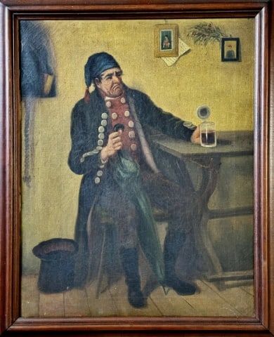 19th C Continental Oil on Canvas Genre Painting: 19th C. Continental Oil on Canvas Genre Painting. Seated man wearing frock coat and cap drinking a stein of beer. Artist signed lower right (illegible). Painting set into period wooden frame, good con