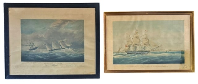 19th C English Aquatint Prints, J W Huggins (2pc): Two 19th C. English Aquatint Prints, "J.W. Huggins": (1) Hand colored print titled "THE LADY KENNAWAY OFF MARGATE HOMEWARD BOUND 1827' with publishing information beneath image "LATE LONDON J.W. HUGGI