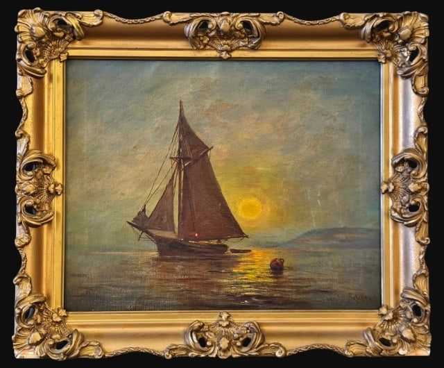 19th C Oil on Canvas Painting of a Ship at Sea: 19th C. Oil on Canvas Painting of a Sailing Ship at Sea. Single masted gaff rigged schooner passing a headland with sinking sun in background. Painting signed (illegibly) lower right. Painting set in 