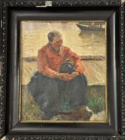 19th C Impressionist Oil on Canvas Painting Sailor: 19th C. Continental Oil on Canvas Impressionist Painting of a Sailor. Painting of a seated figure in traditional garb, by a harbor in bright red frock coat. Signed lower right corner illegibly. Good c