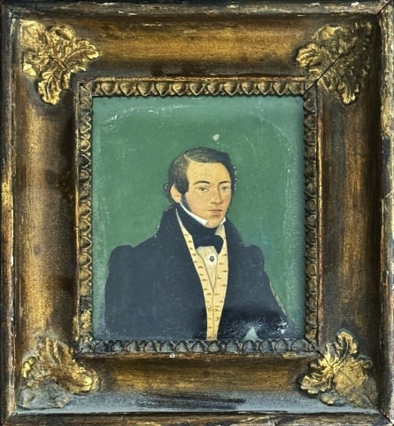 1833 Miniature Watercolor on Paper Portrait: 1833 Dated Watercolor on Paper Miniature Portrait. Image of a young gentleman in formal attire with cravat. Backboard with illegible writing and "1833" date. Good condition, set in period moulded gilt