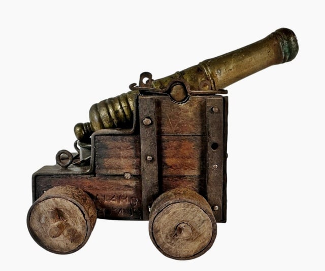 Antique Scratch Built Signal Cannon: Antique Scratch Built Signal Cannon. Cast brass ringed tube with touch hole. Wooden naval style carriage with steel hardware and small bail handled bucket. Good condition with heavy patina, measures: 