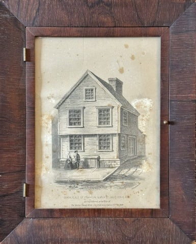 1858 Dated Etching, Benjamin Franklin's Birthplace: Framed lithograph titled "Birthplace of Franklin in Milk Street Jan. 6, 1705-6 O.S. [Old Style] as reproduced at the Fair of The Boston Young Men's Christian Association, Dec'r 25, 1858" J.H. Buffords