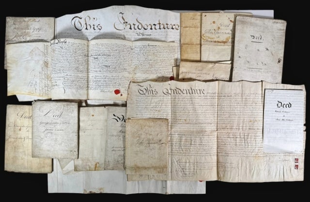 18th - 19th C Phila & NJ Deed Coll, Rev War (20pc): Collection of 18th and 19th Century Philadelphia and New Jersey Deeds on Vellum Parchment, Signed with Seals. Collection includes deeds signed by Samuel Powell, Mayor of Philadelphia, Dr. William Ship