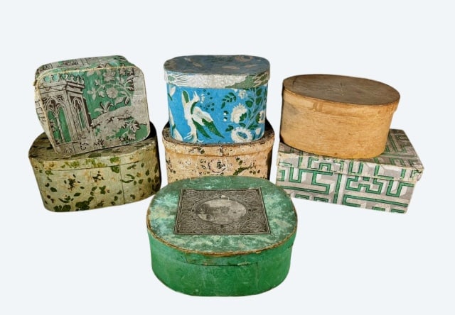 Seven 19th C Paper Covered Hat Boxes (7pc): Collection of Seven 19th C. Wallpaper covered Hat Boxes. Diverse size, shape and decoration. Crafted of pressed paper board with hand stenciled wall paper decoration, one lined with 1834 Temperance