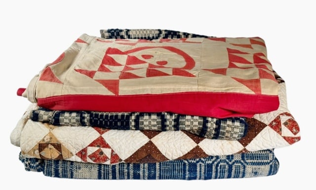 Antique Quilts, Jacquard Coverlets (4pc): Collection of Antique Quilts and Jacquard Coverlets: (1) Hand sewn quilt in red white and beige basket pattern, good condition with wear, staining, (1) Hand sewn quilt in diamond stripe pattern in