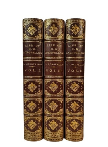 Books, "Life of H.W. Longfellow" Ltd Ed 1887 (3pc): Three 19th C. Books, "Life of Henry Wadsworth Longfellow With Extracts from his Journals and Correspondence (2 Volumes) together with (1) Final Memorials of Henry Wadsworth Longfellow" Edited by Samue