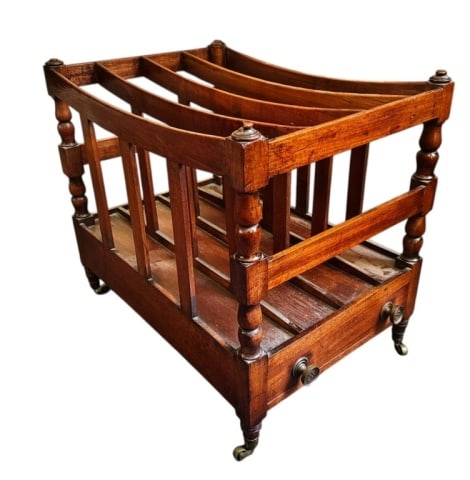 Early 19th C. English George III Canterbury: Early 19th C. English George III Canterbury. Crafted of mahogany with curved frame, single drawer with brass pulls and turned feet with brass castors. Good condition, measures: 19" H x 21.5" W x