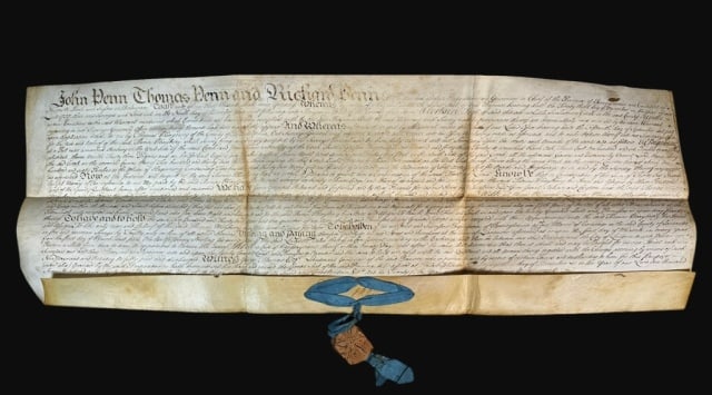 1742 Penn Family Quitrent Deed, Lancaster, PA: 1742 Vellum Penn Family Quitrent Deed for "a certain tract of land situate on Little Swahatawro Creek" in Lancaster County containing 232 and a quarter acres granted to Thomas Mayberry on 28 December