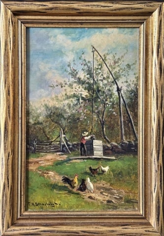 Oil on Canvas Painting, F. H. Shapleigh: Oil on Board Painting, Signed "F.H. Shapleigh" (Frank Henry Shapleigh, American 1842-1906). White Mountain School painting with a figure at a well with chickens in foreground, artist signed lower left