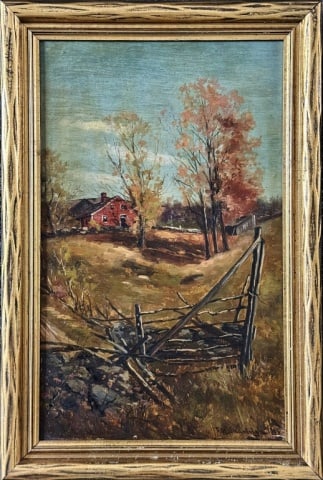 Oil on Canvas Painting, F. H. Shapleigh: Oil on Canvas Painting, Signed "F.H. Shapleigh" (Frank Henry Shapleigh, American 1842-1906). White Mountain School Fall landscape painting with farmhouse and fence in foreground, artist signed lower l