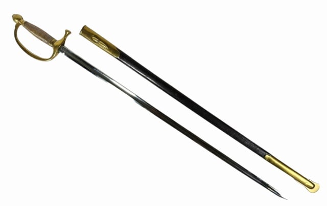1864 Dated Civil War M1840 Musicians Sword, Ames: 1864 Dated Civil War Model 1840 Musicians Sword, Signed "Ames Mfg Co Chicopee Mass". Straight tapered single fullered steel blade signed on ricasso "US ADK 1864". Cast brass hilt with ribbed grip and 