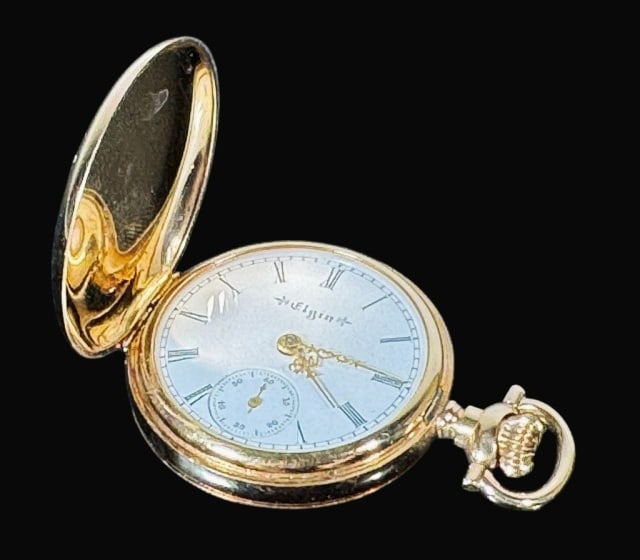 Antique 14K Gold 15J Ladies Pocket Watch, Elgin: Antique 14K Gold, Diamond Ladies Pocket Watch, Signed "Elgin Natl. Watch Co". Full hunter case crafted of 14K yellow gold set with five graduated Old European Cut diamonds of good quality. 1899 produc