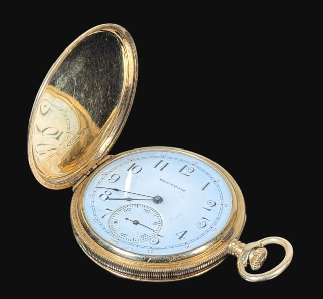 14K Gold 17J Pocket Watch, Waltham M1894: Antique 14K Gold, Pocket Watch, Signed "A. W. W. Co Waltham Mass.". Full hunter case crafted of 14K yellow gold with engine turned decoration. Watch is Grade Royal, Model 1894, 17 Jewel top winding mo