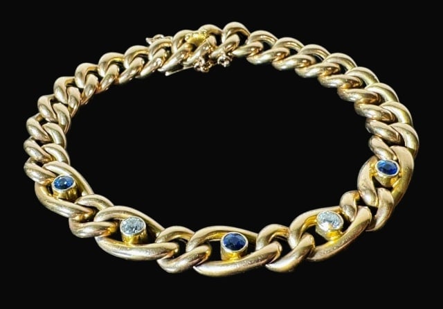 Antique 14K Gold Diamond Sapphire Bracelet: Antique 14K Gold Diamond and Sapphire Bracelet. Crafted of 14K yellow gold links bezel set with three round old European cut sapphires and two diamonds. Good condition, measures: 7" L, Total assembled