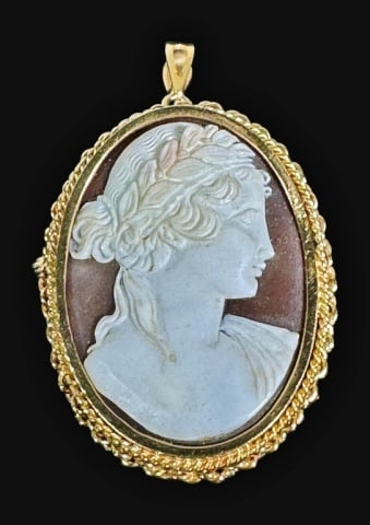 Antique 14K Gold Italian Shell Cameo Brooch: Antique 14K Gold Italian Carved Shell Cameo Brooch. 14K yellow gold decorative setting with center neoclassical carved shell cameo of a woman in profile. Good condition, measures: 1.8" H x 1.3" W, ass