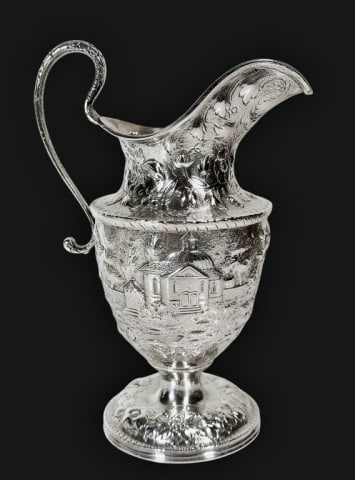 19th C Coin Silver Repousse Ewer, S. Kirk & Son: 19th C. American Coin Silver Ewer, Signed "S. Kirk & Son". Neoclassical form, repousse decoration with buildings and landscapes. Base signed "S. Kirk & Son 11oz". Good condition with wear, measures: 8