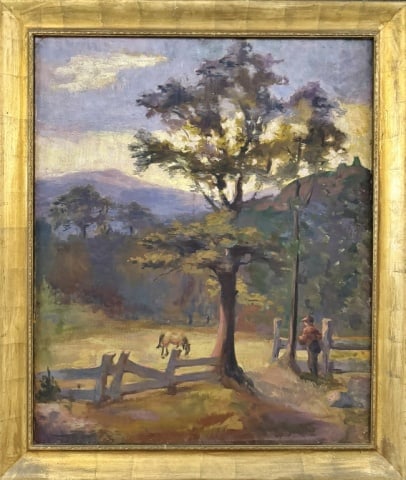 Oil on Canvas Painting, Richard Delano Briggs: Oil on Canvas Painting of Landscape, Attributed to Richard Delano Briggs, (Richard Delano Briggs, American, 1914-1979). Painting of landscape and pasture with figure and horse, mountains in background