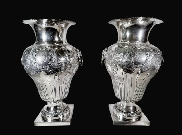 Pair, Large Antique Silver Plate Urns (2pc) (1 of 8)