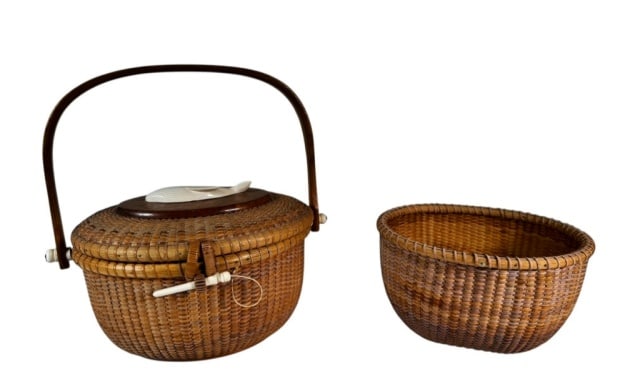 Two Vintage Nantucket Baskets, M.F. Dias (2pc): Two Vintage Nantucket Baskets, Signed "M.F. Dias", (Manuel Francis Dias, 1925-2020): (1) Traditional Nantucket Friendship Basket. Hand woven body with wood base and hinge lidded top with peg closure a