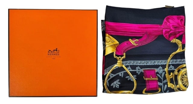 Vintage Boxed Ladies Silk Scarf, Hermes, France: Vintage Ladies Silk Scarf with Box, Singed "Hermes". Polychrome baroque design, signed "ETRIERS HERMES PARIS" and "F De LA PERRIERE". Excellent condition with original box, scarf measures: 35" x 35"