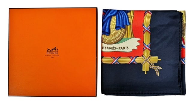 Vintage Boxed Ladies Silk Scarf, Hermes, France: Vintage Ladies Silk Scarf with Box, Signed "Hermes - Paris". Polychrome neoclassical design, reads "REPUBLIQUE FRANCAIS LIBERTE EGALITE FRATERNITE". Excellent condition with original box, scarf measur
