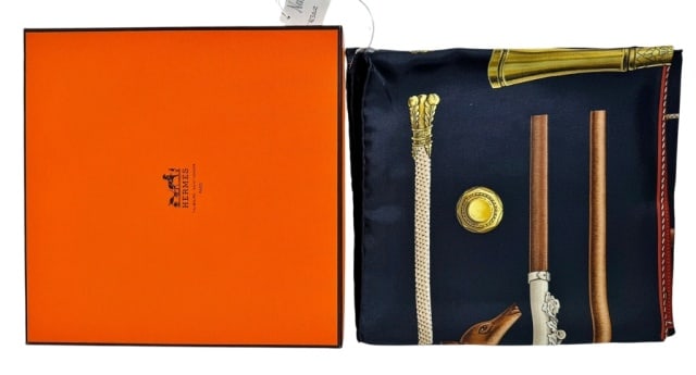 Vintage Boxed Ladies Silk Scarf, Hermes, France: Vintage Ladies Silk Scarf with Box, Signed "Hermes - Paris". Polychrome design, reads "CANNES & POMMEAUX". Excellent unworn condition with tag and original box, scarf measures: 35" x 35"